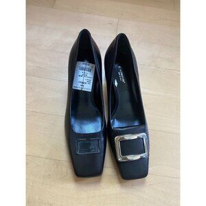 La Canadienne black slip on heels women sz 36.5 square toe FLAW